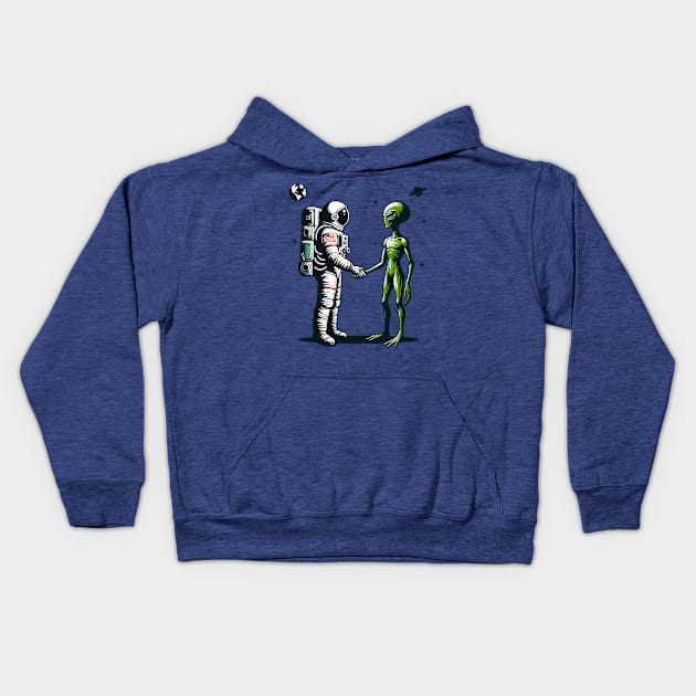 Astronaut and alien shaking hands Kids Hoodie by Art_Boys